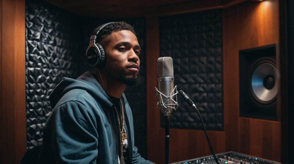 Rapper recording music with license beat