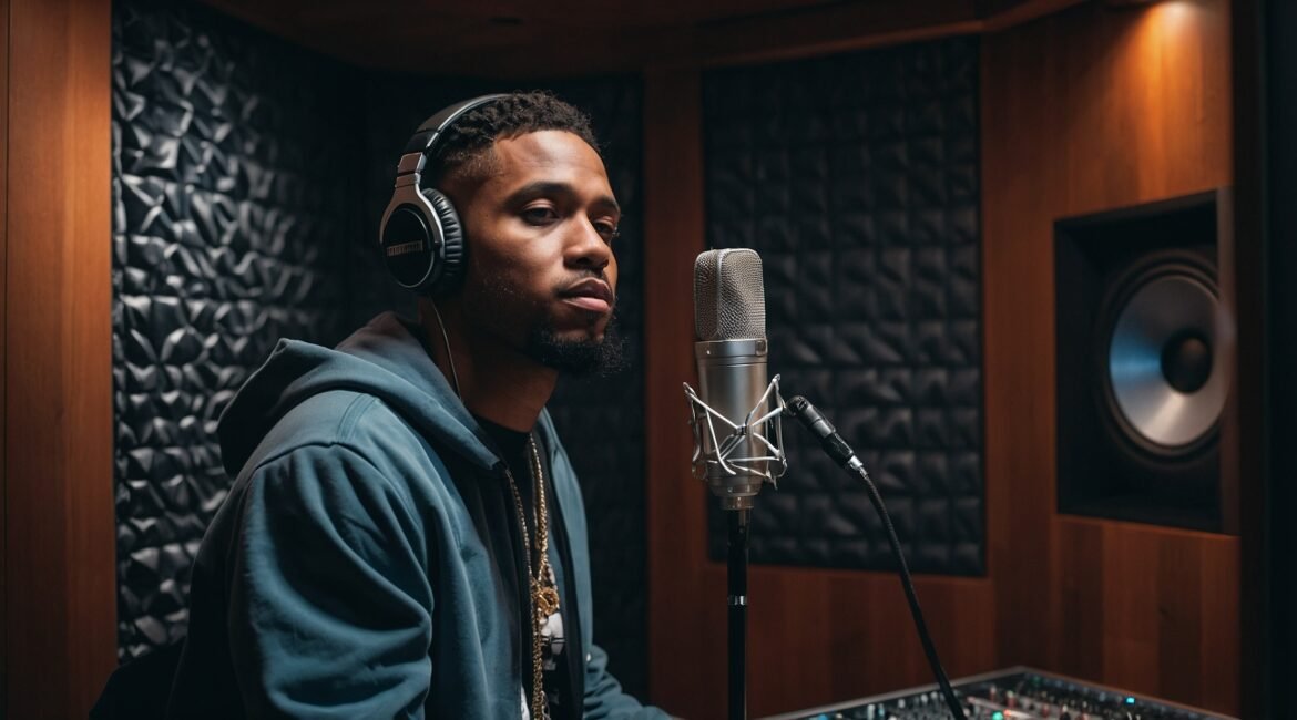 Rapper recording music with license beat